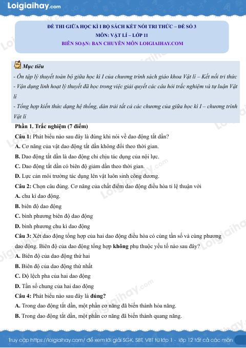 Đề thi giữa học kì 1 Vật lí 11 Kết nối tri thức - Đề số 03
